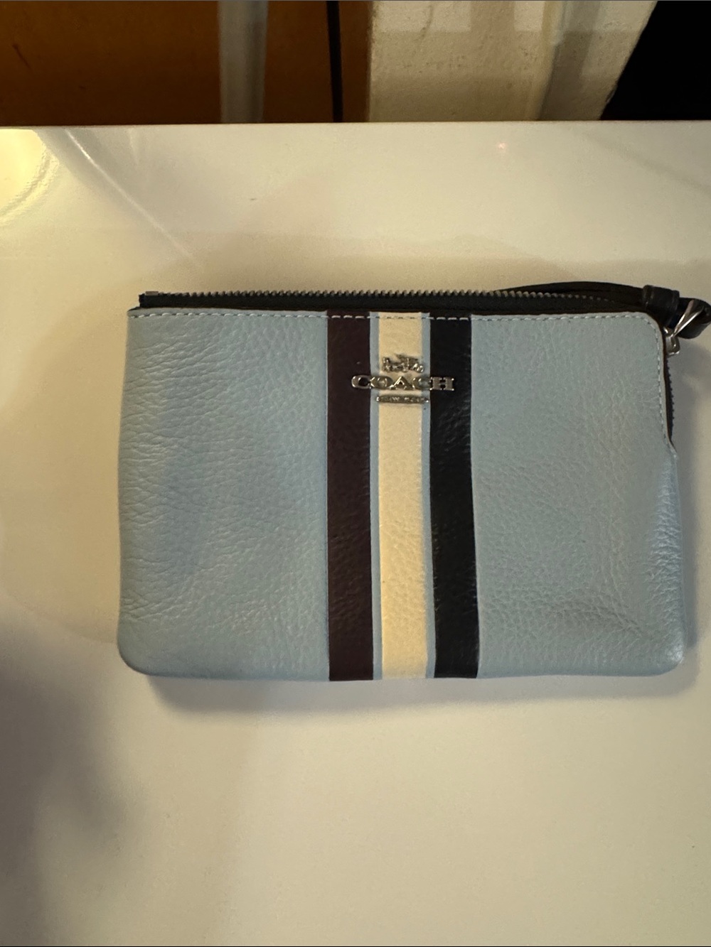 Coach Light Blue Leather Wristlet with Navy and Cream Stripes